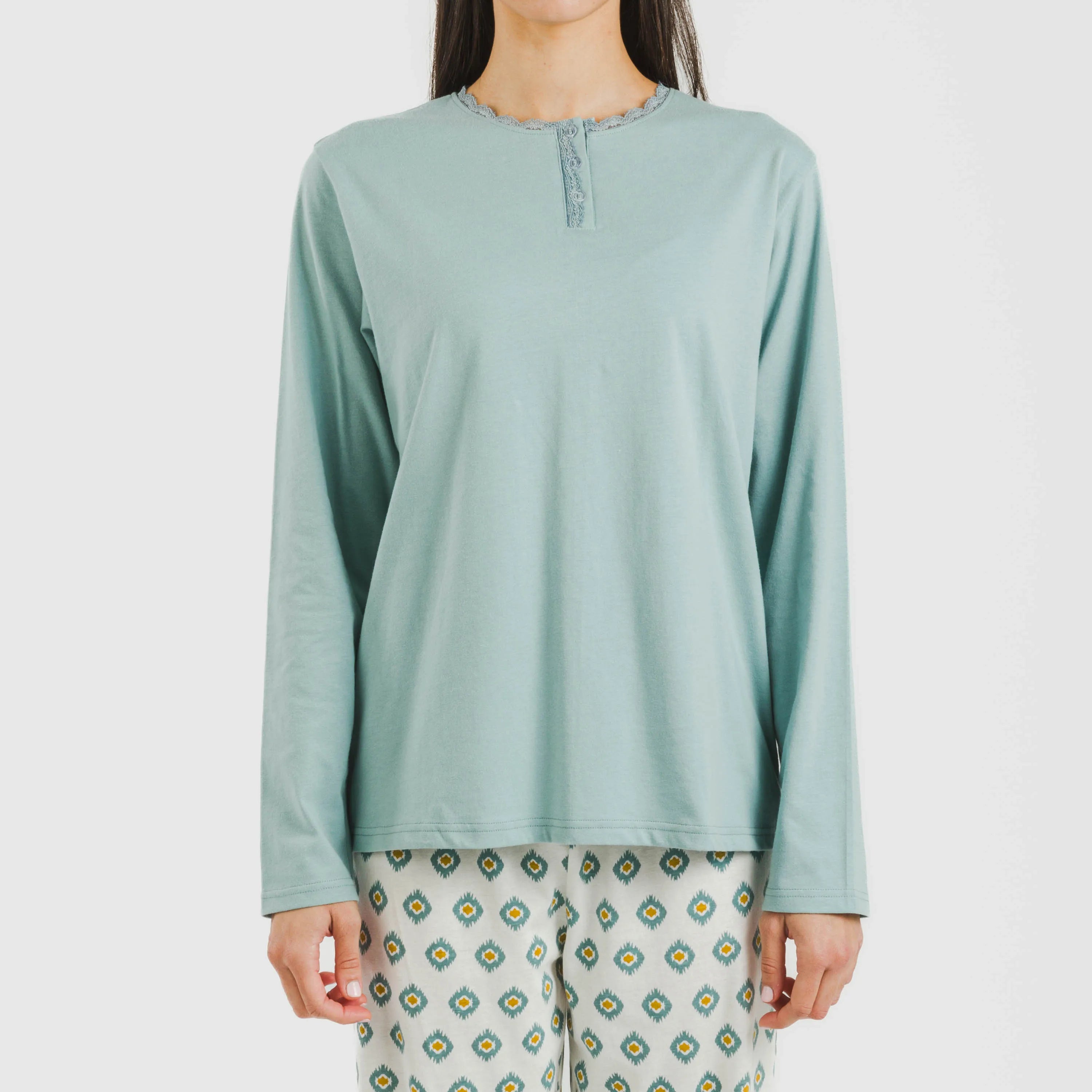 Pijama longo Joy de algodão na cor azul-turquesa.