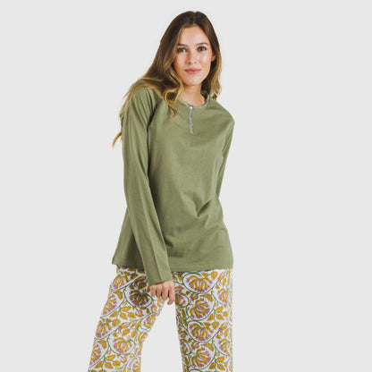 Pijama comprido de algodão verde Vênus para caça