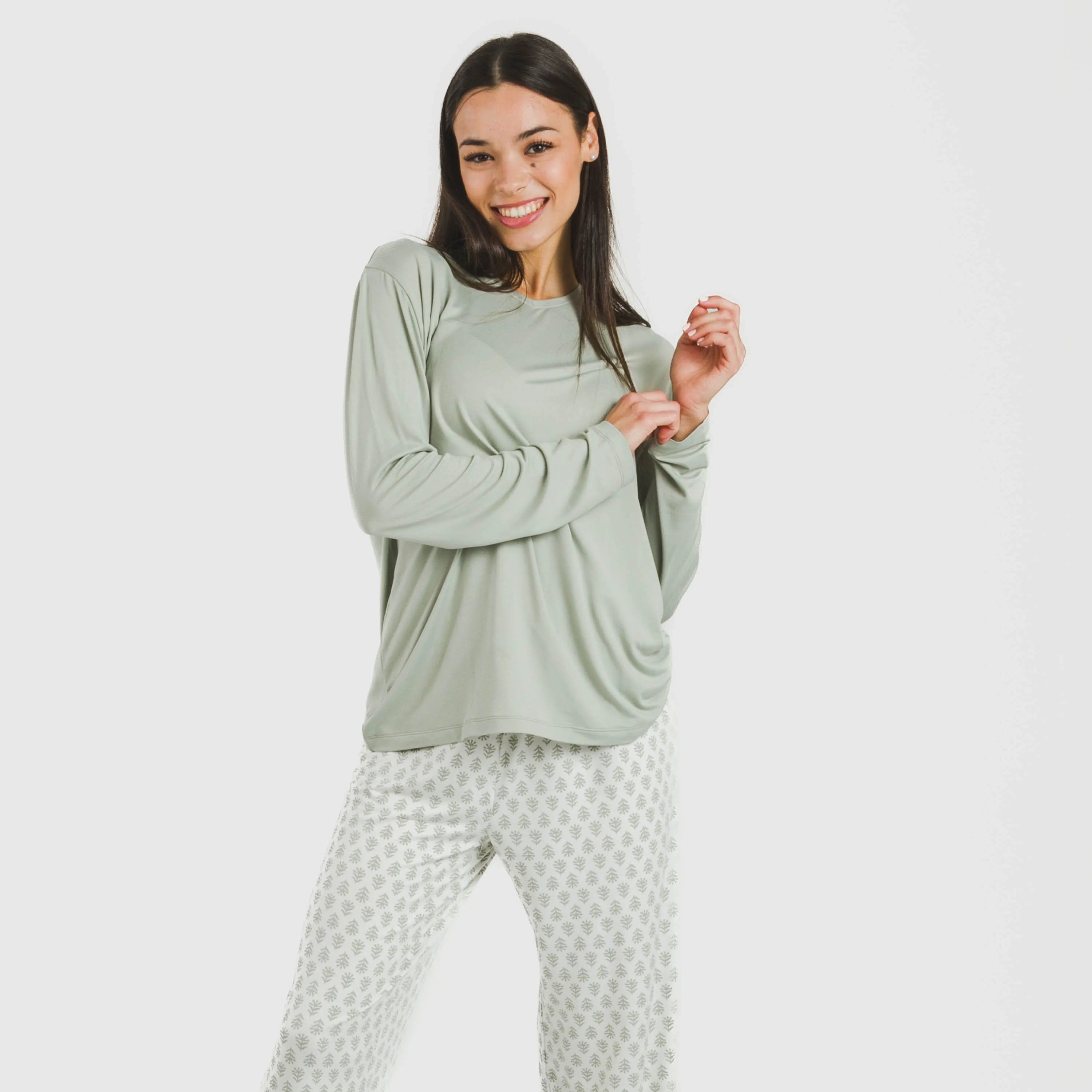 Pijama feminino longo e macio, estilo remo verde