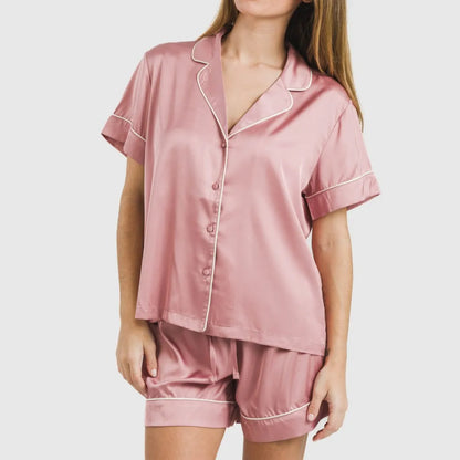 Pijama curto de cetim liso de manga curta para sexta-feira