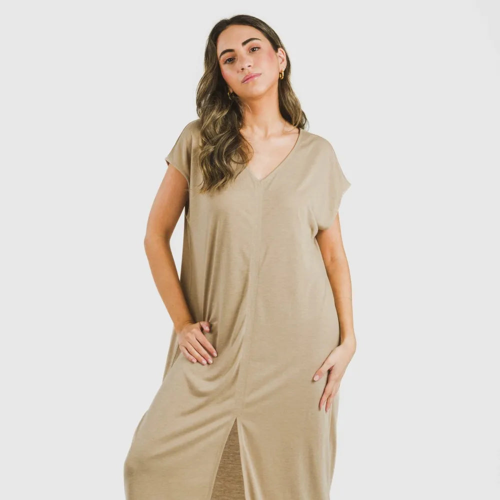 Vestido largo manga fluida viscosa liso