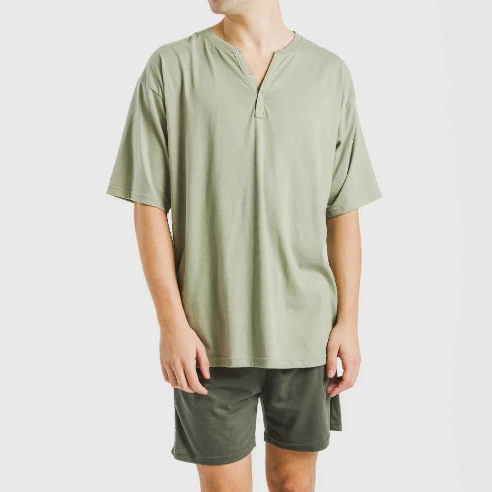 Pijama corto hombre con botones verde claro - verde oscuro