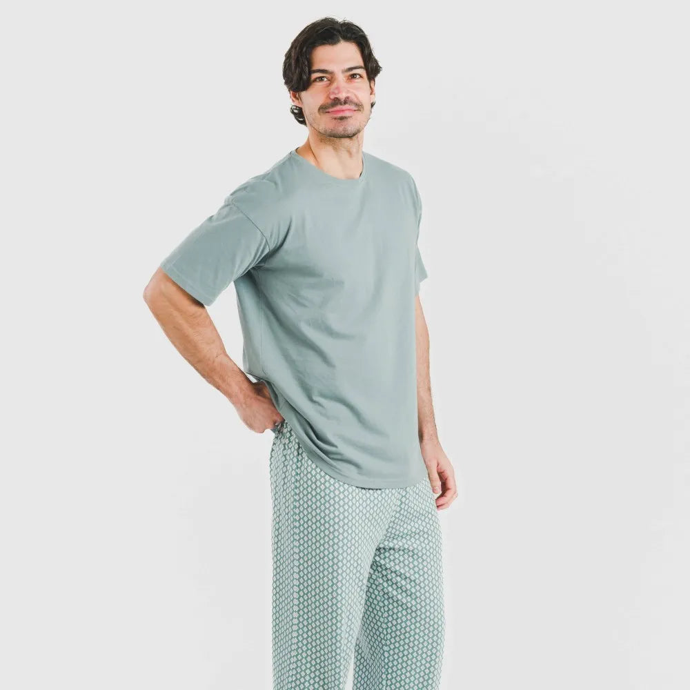 Pijama largo manga corta algodón hombre Sassy verde azulado