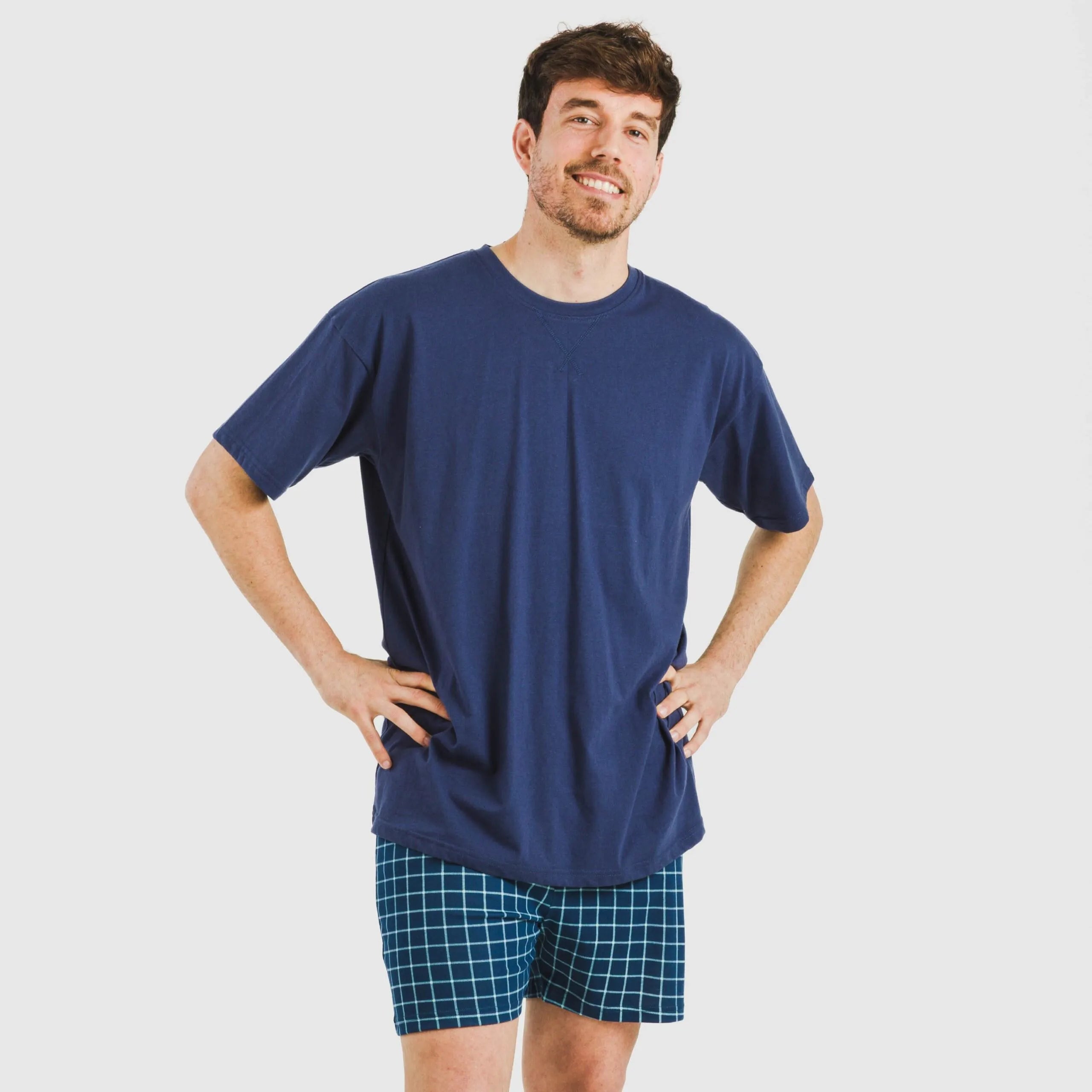Pijama corto algodón hombre Cuadro Edesia azul