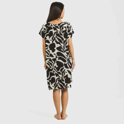 Vestido curto Teudis bege e preto de viscose com mangas fluidas