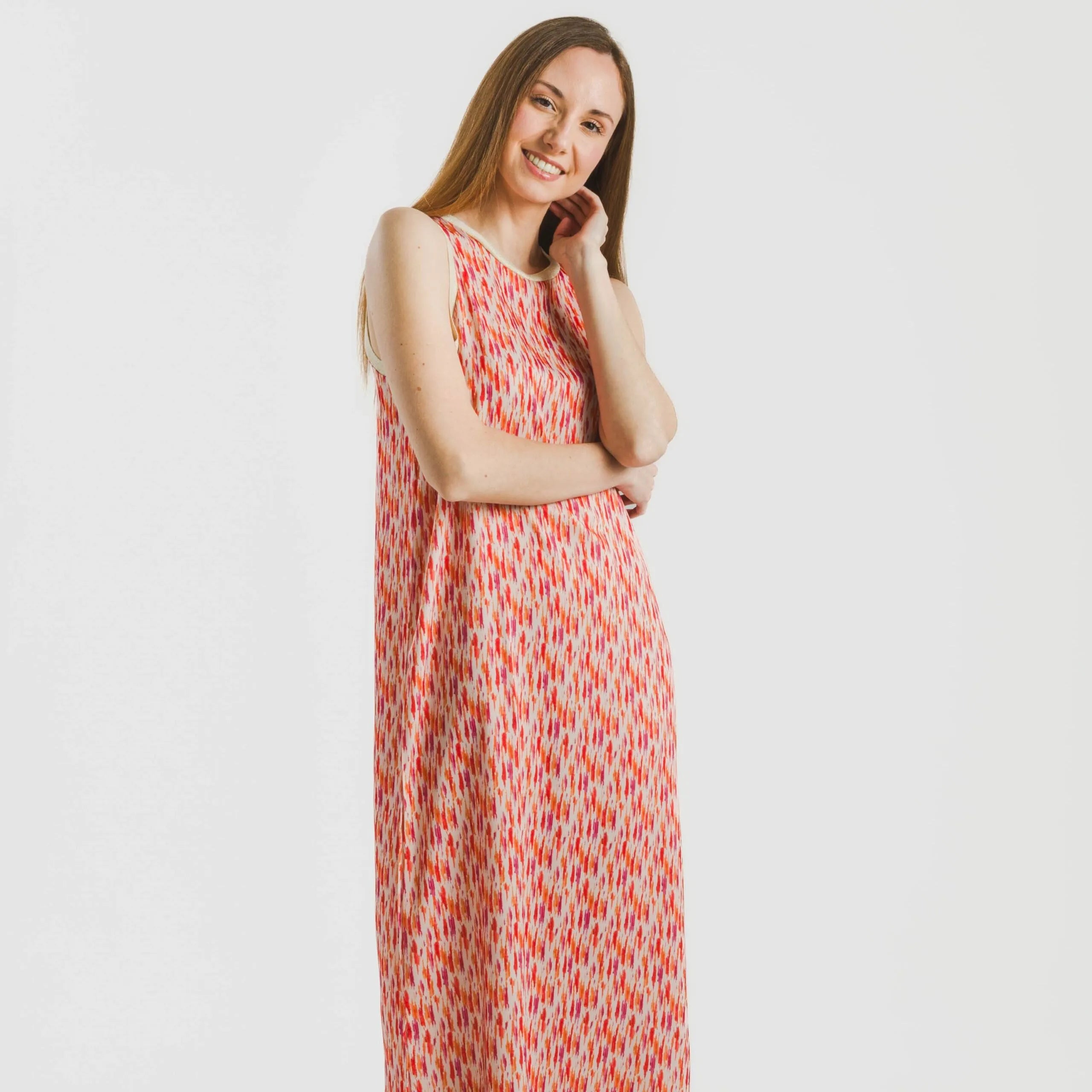 Vestido largo tirantes satén Aries naranja - rosa