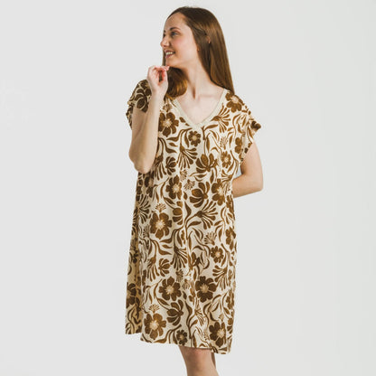 Vestido corto manga fluida crepe Alexis marrón