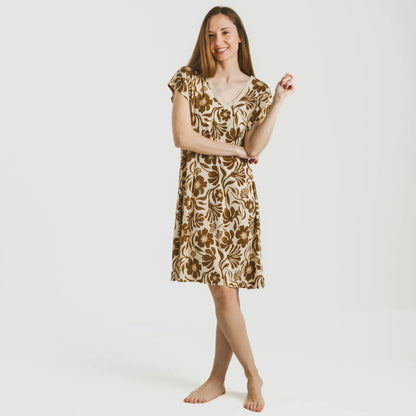 Vestido corto manga fluida crepe Alexis marrón