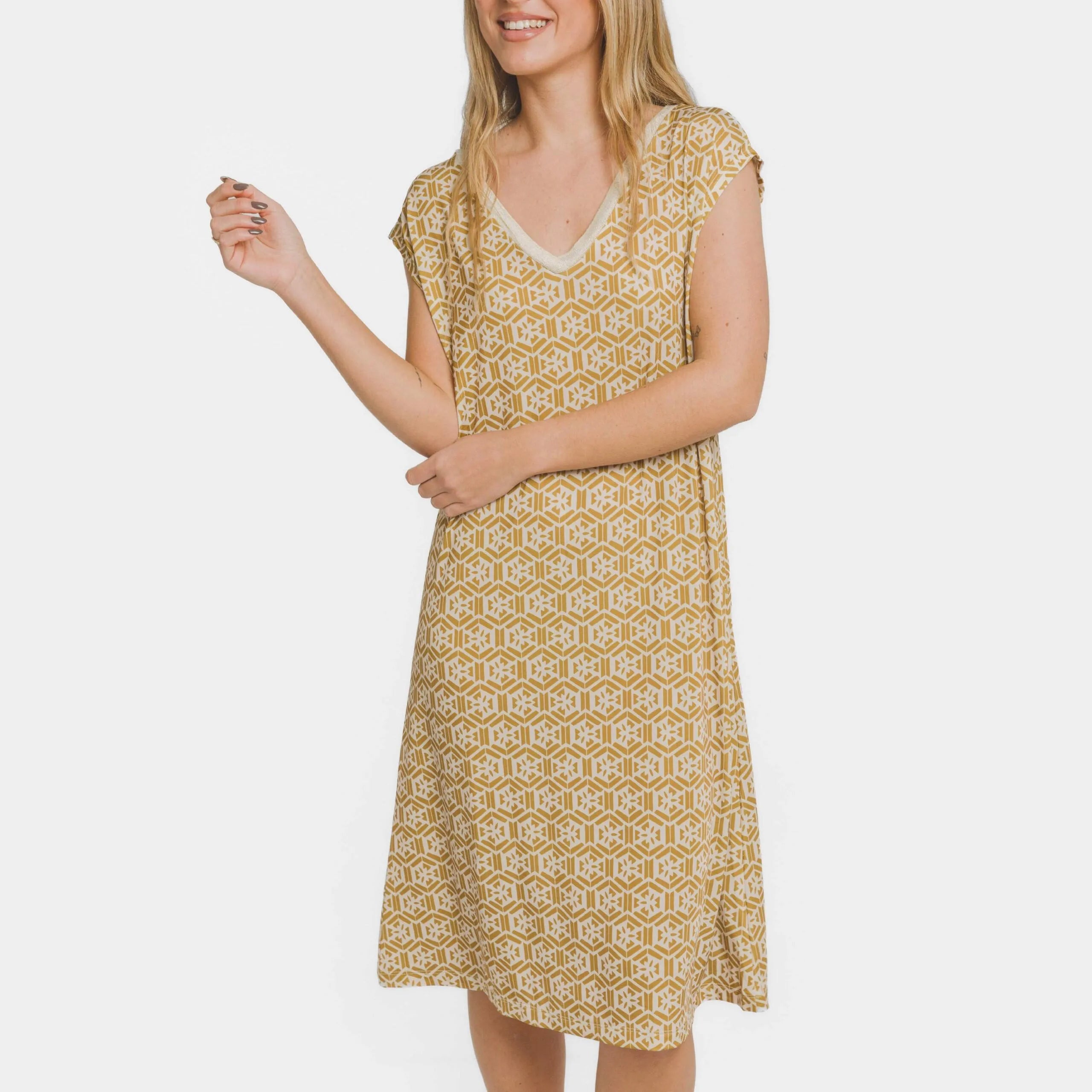 Vestido corto manga fluida soft Virginia ocre