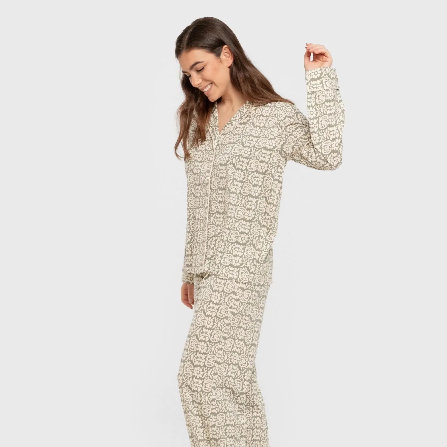 Pijama largo camisero algodón mujer Matilde verde caceria