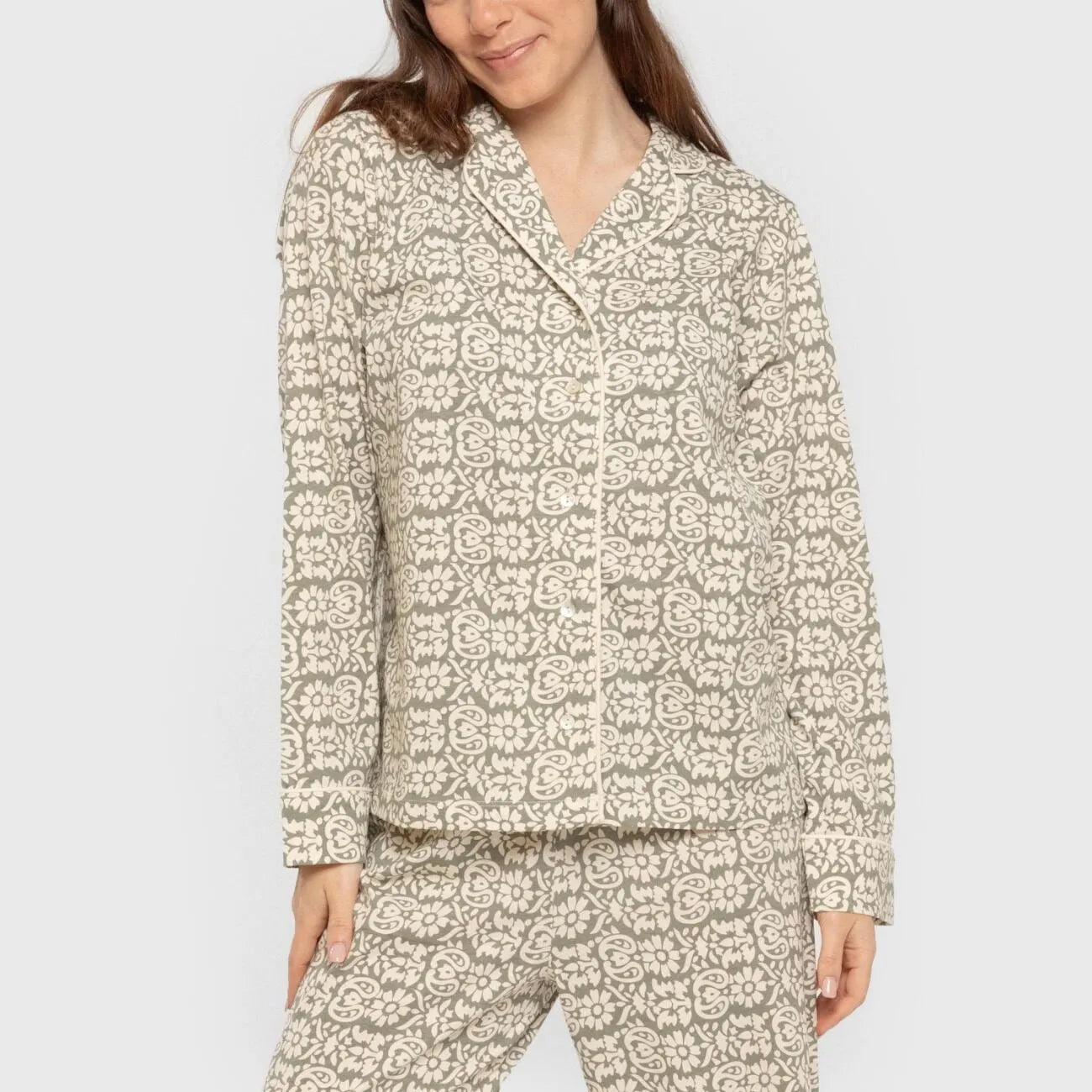 Pijama largo camisero algodón mujer Matilde verde caceria