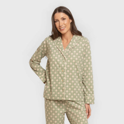 Pijama largo camisero algodón mujer Erati verde caceria