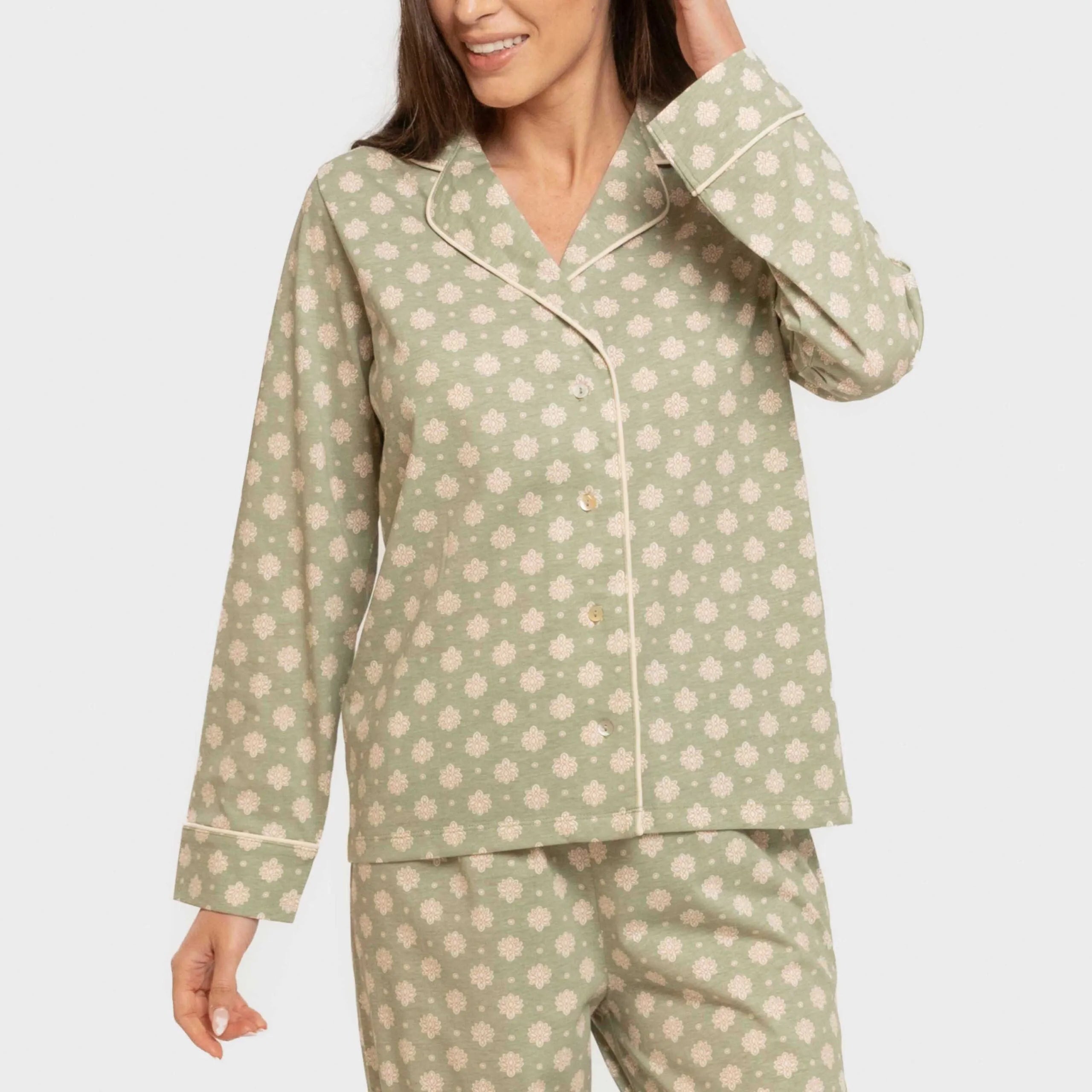 Pijama largo camisero algodón mujer Erati verde caceria