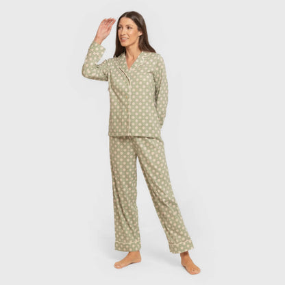 Pijama largo camisero algodón mujer Erati verde caceria
