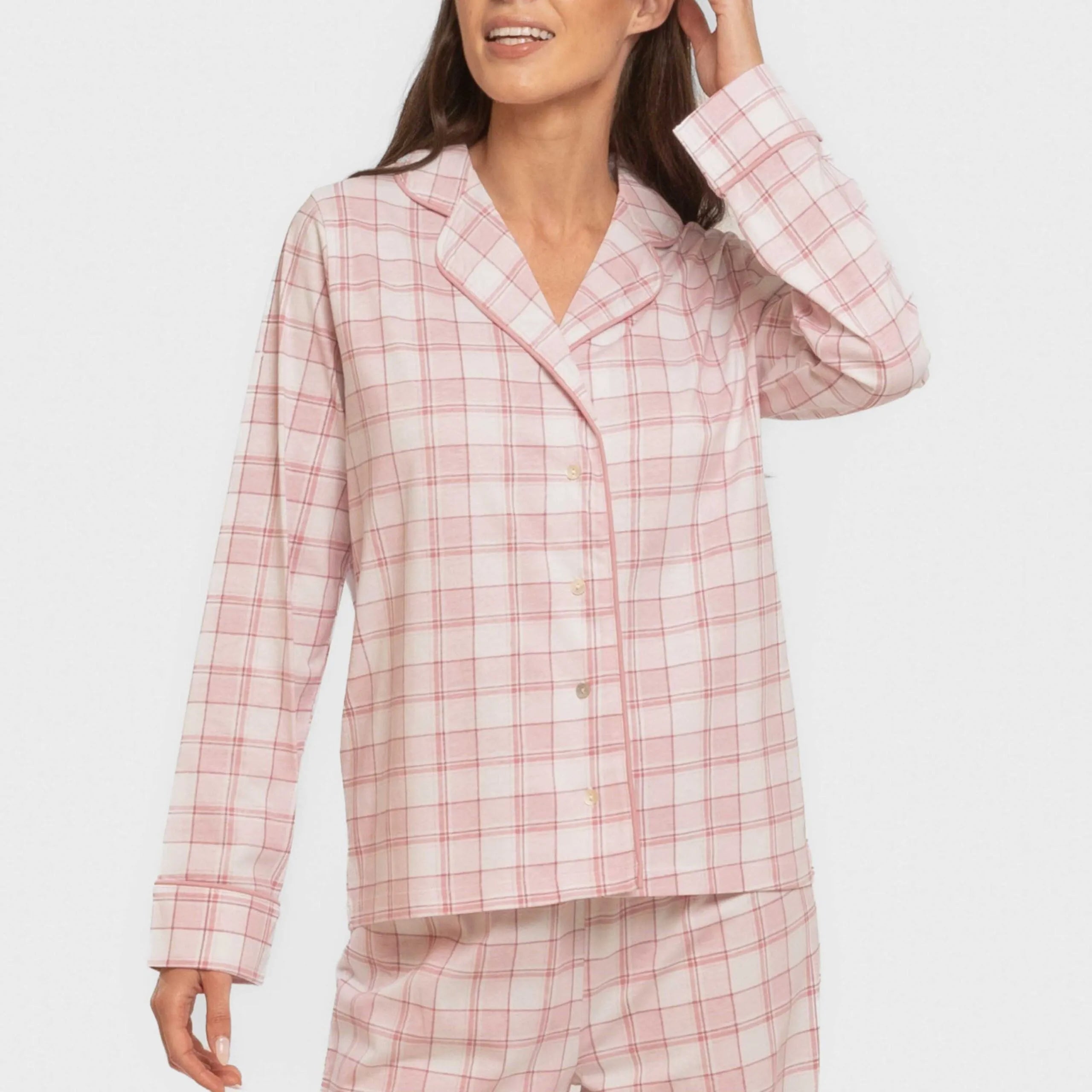 Pijama largo camisero algodón mujer Cuadro Moni rosa