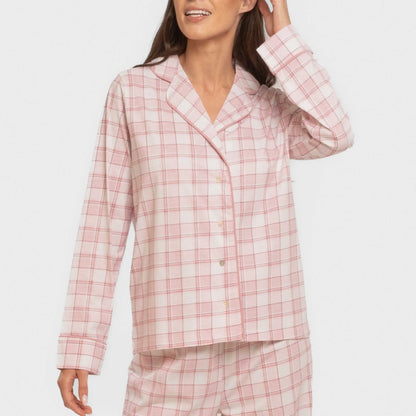 Pijama largo camisero algodón mujer Cuadro Moni rosa