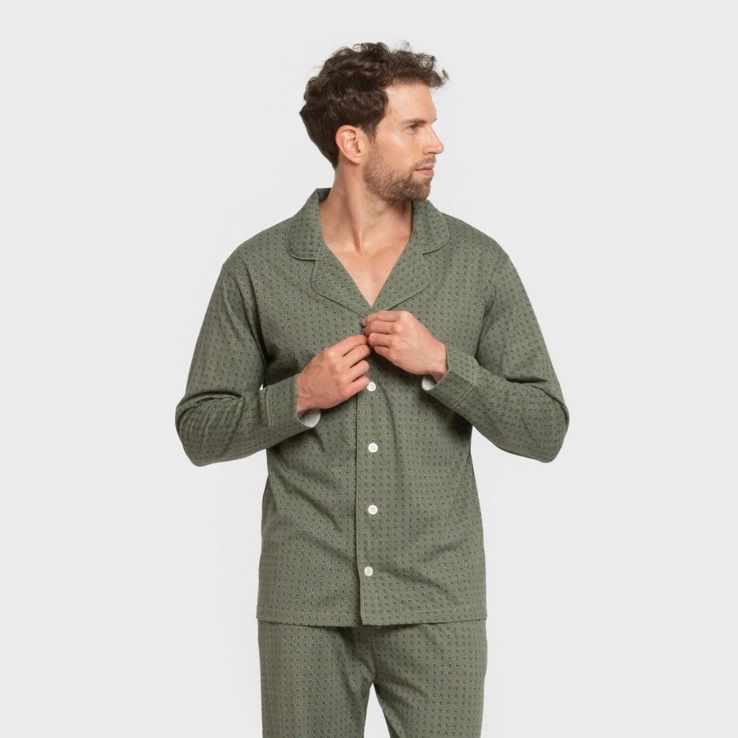 Pijama largo camisero algodón hombre Conde verde caceria