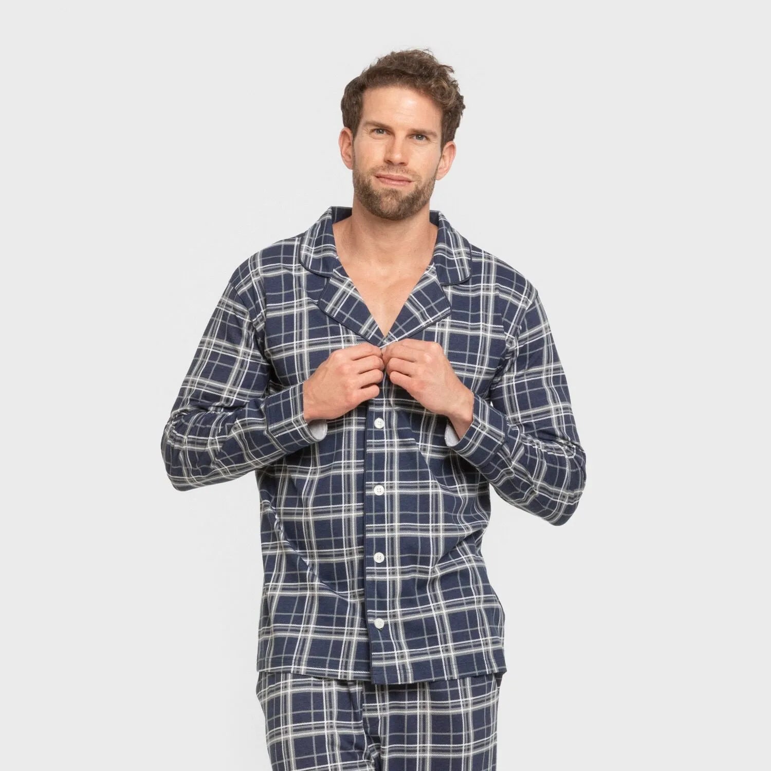 Pijama largo camisero algodón hombre Cuadro Brais azul