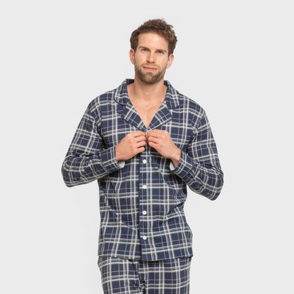 Pijama largo camisero algodón hombre Cuadro Brais azul
