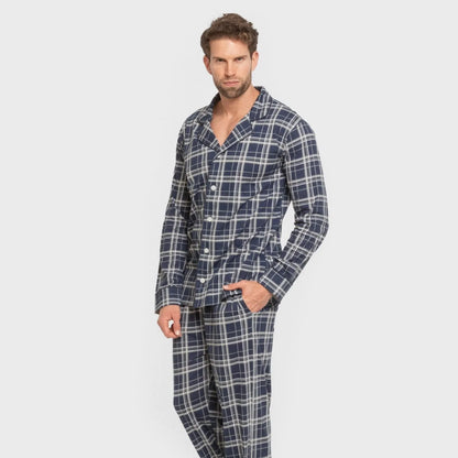 Pijama largo camisero algodón hombre Cuadro Brais azul