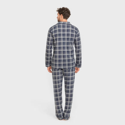 Pijama largo camisero algodón hombre Cuadro Brais azul