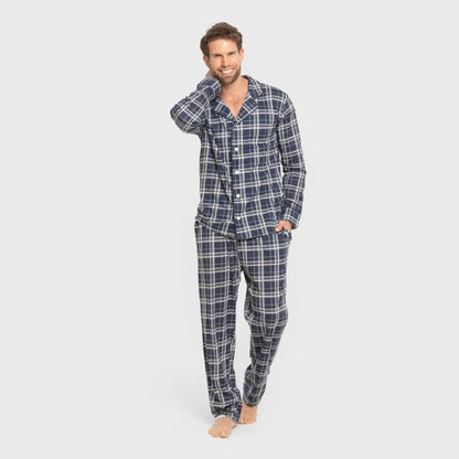 Pijama largo camisero algodón hombre Cuadro Brais azul