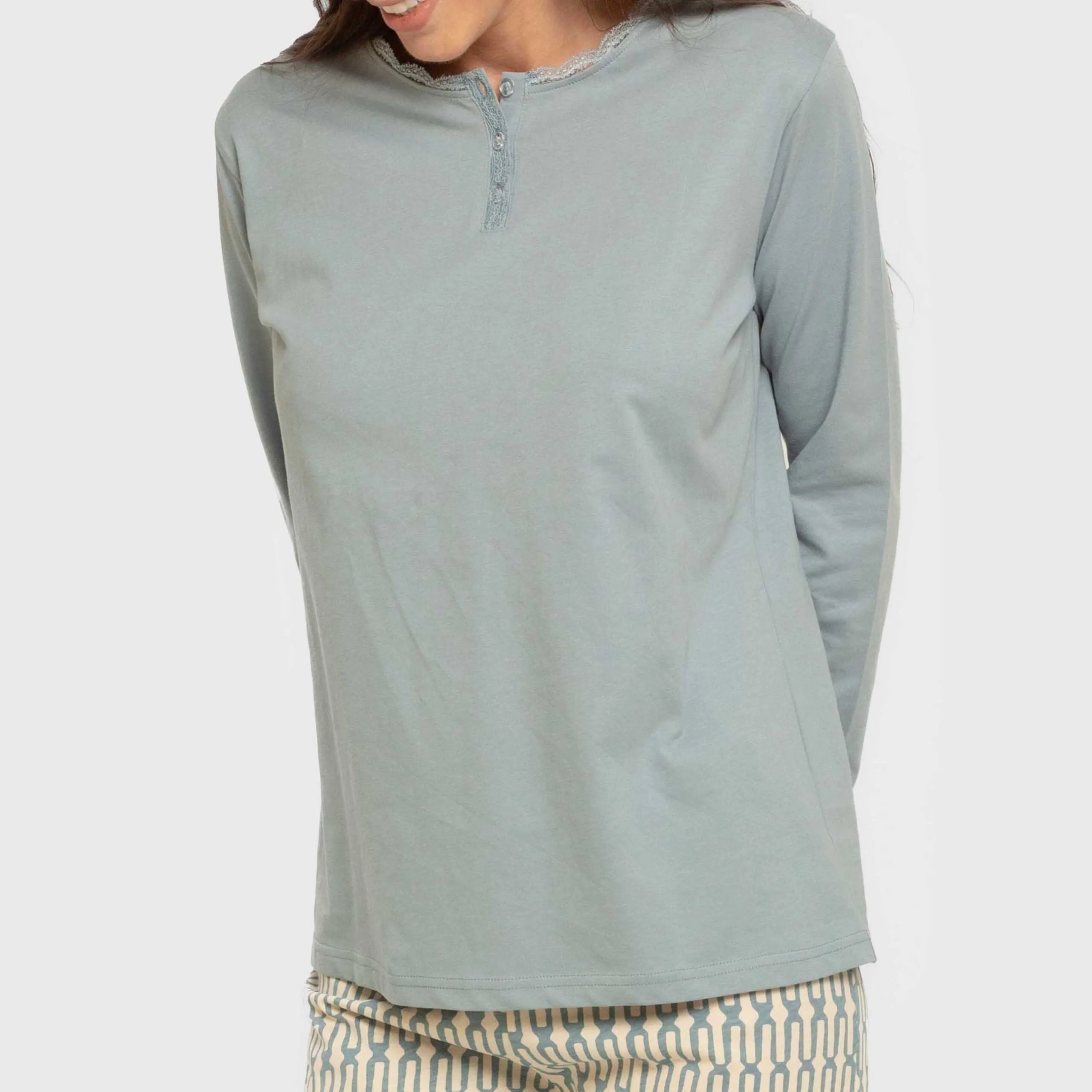 Pijama largo algodón Eucalipto celeste