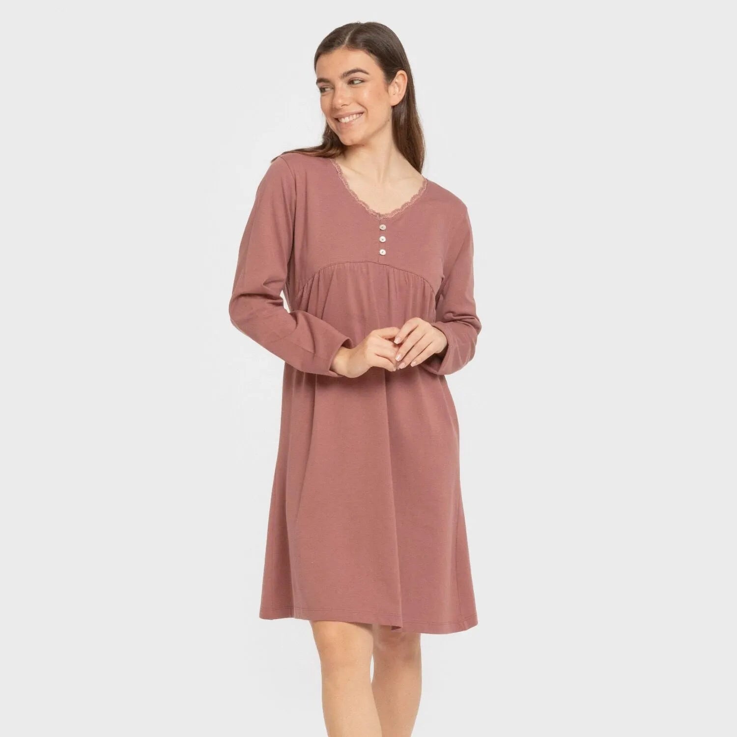 Camisón algodón manga larga encaje liso