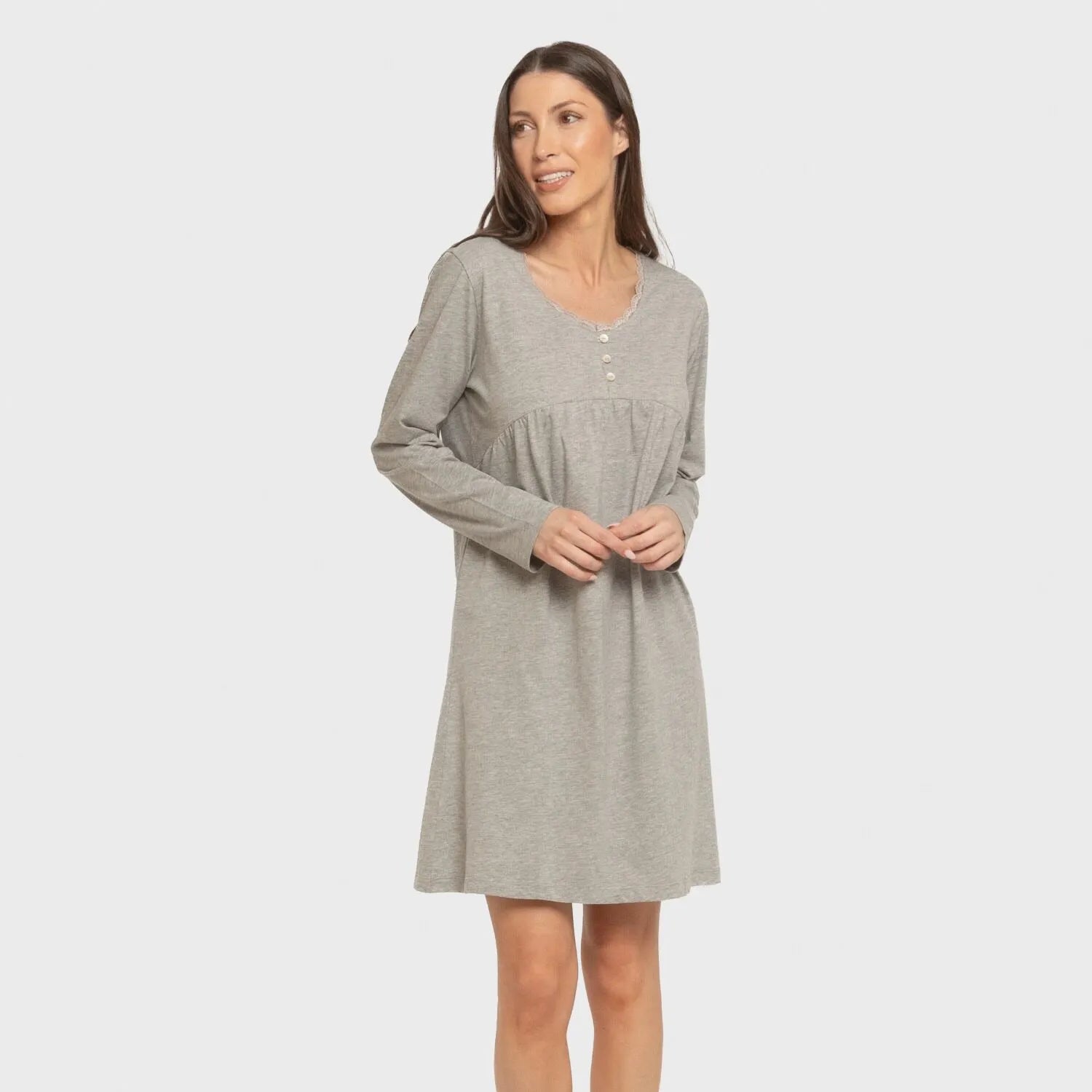 Camisón algodón manga larga encaje liso