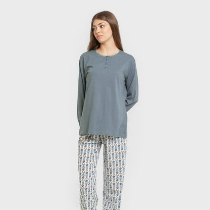 Pijama largo algodón Hibisco agua marina