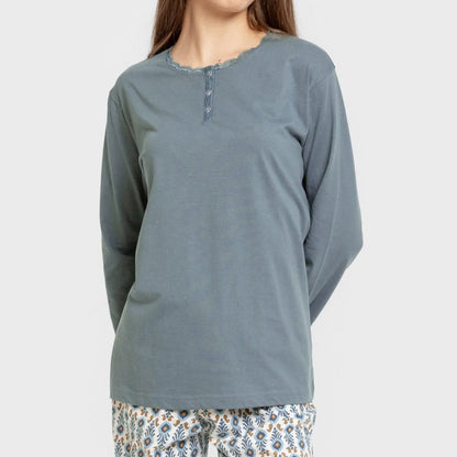 Pijama largo algodón Hibisco agua marina