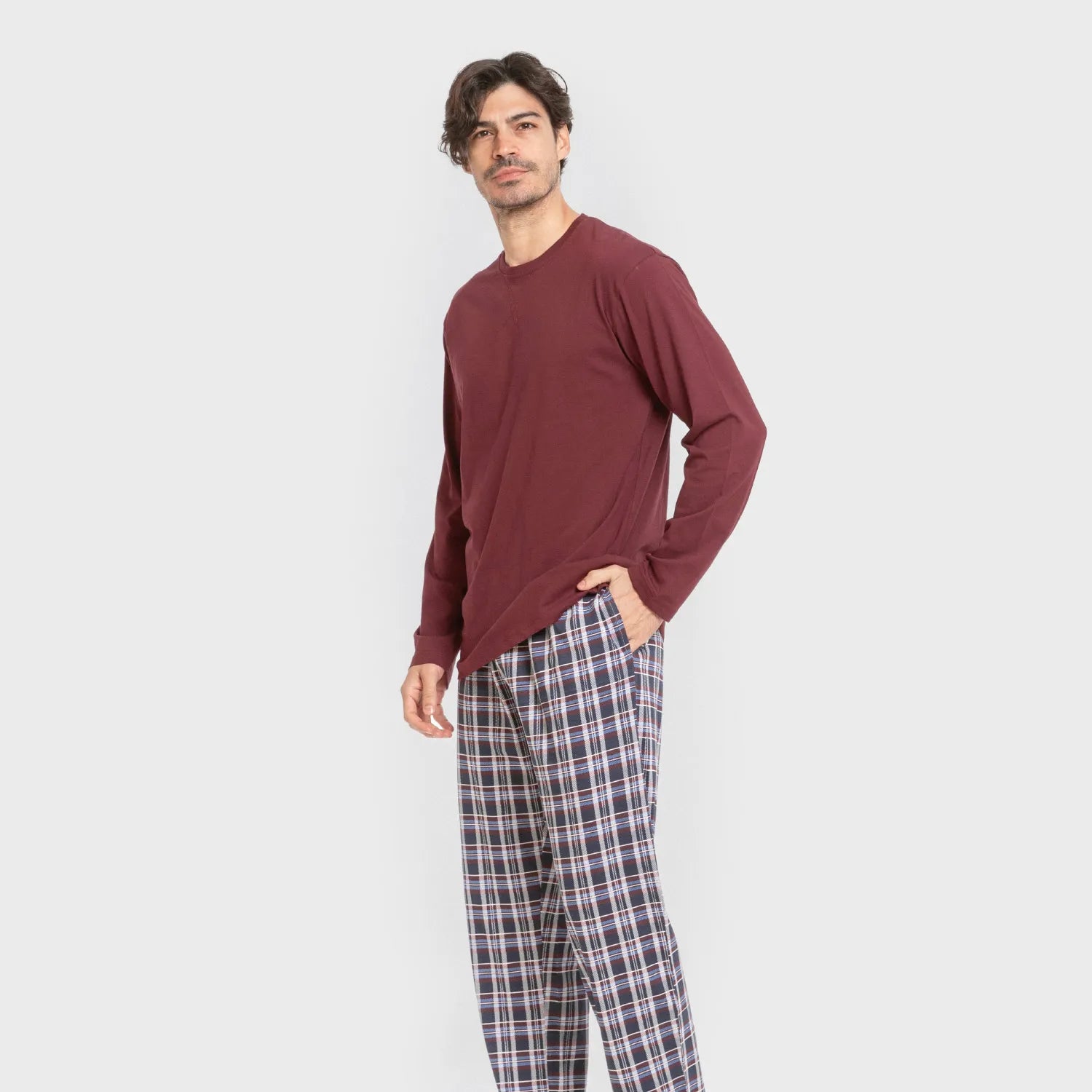 Pijama largo algodón hombre Cuadro Edison burdeos