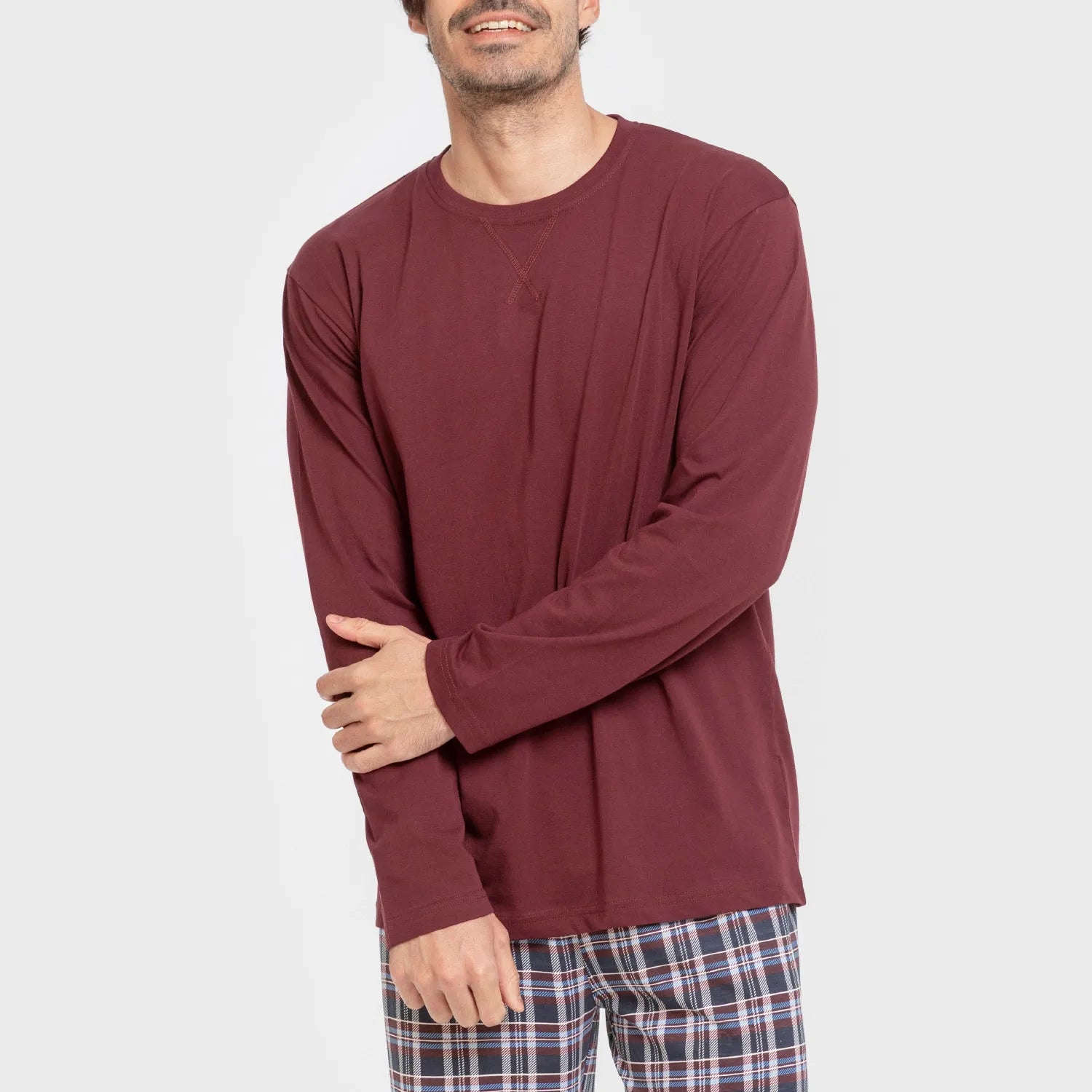 Pijama largo algodón hombre Cuadro Edison burdeos