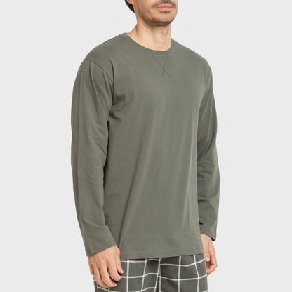 Pijama comprido masculino de algodão, xadrez verde andino para caça.