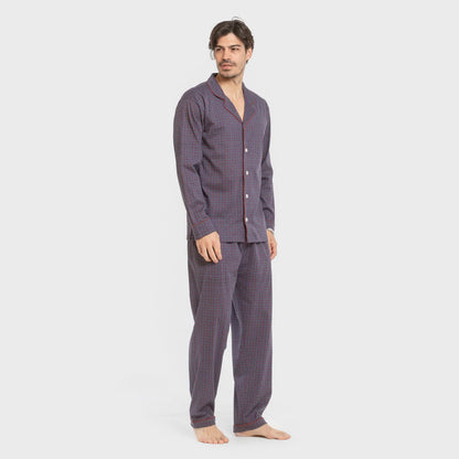 Pijama masculino longo estilo camisa de algodão, azul Conde