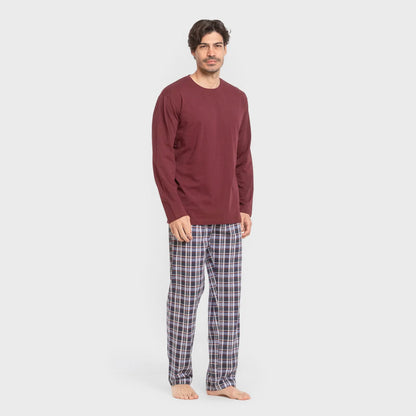 Pijama largo algodón hombre Cuadro Edison burdeos