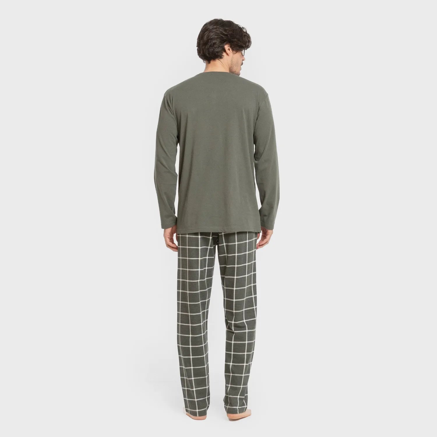 Pijama comprido masculino de algodão, xadrez verde andino para caça.