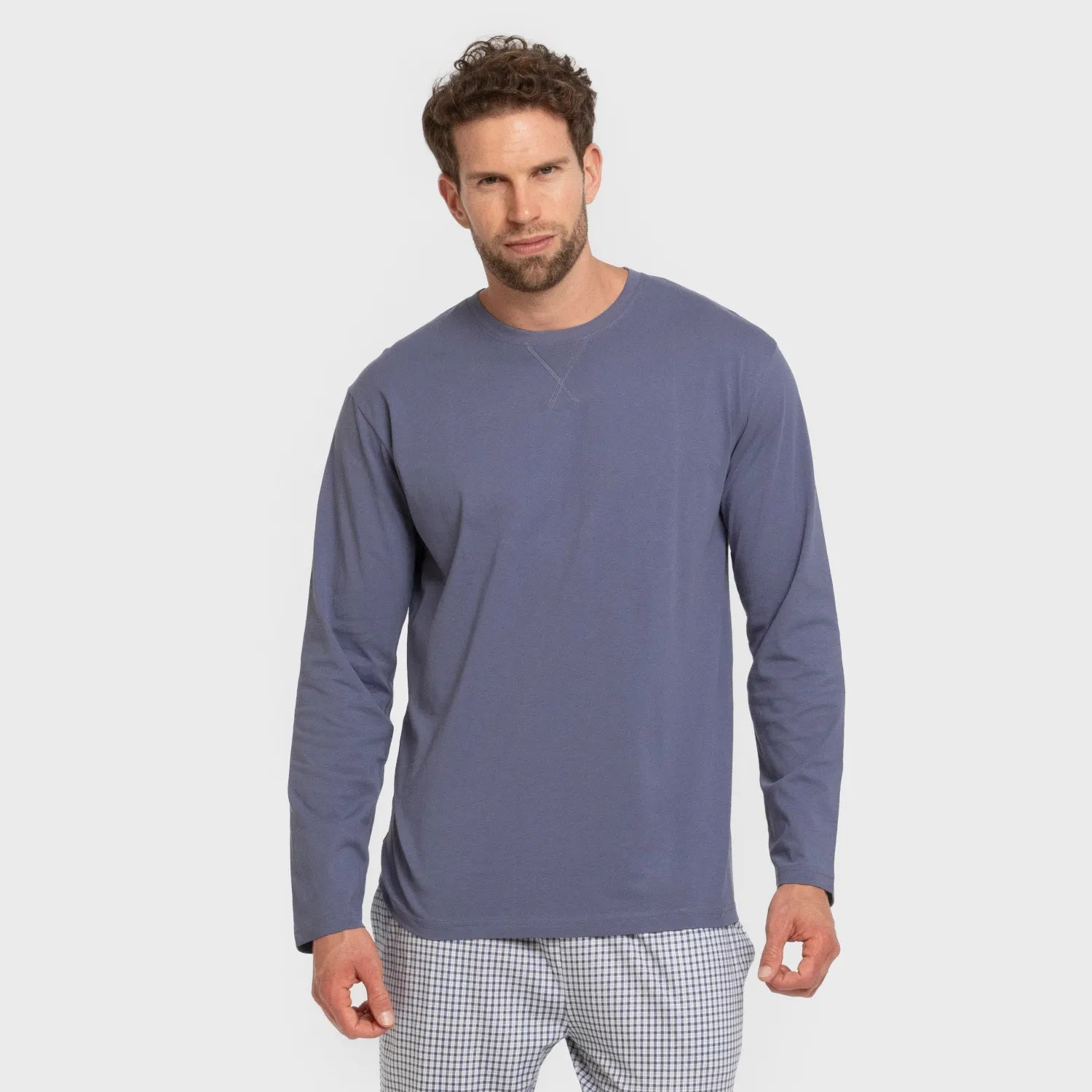 Pijama largo algodón hombre Cuadro Saul azul