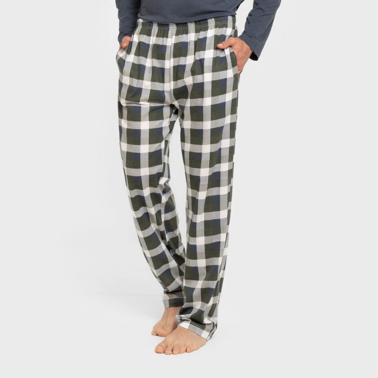 Pijama masculino comprido de algodão, xadrez Ferni, azul marinho