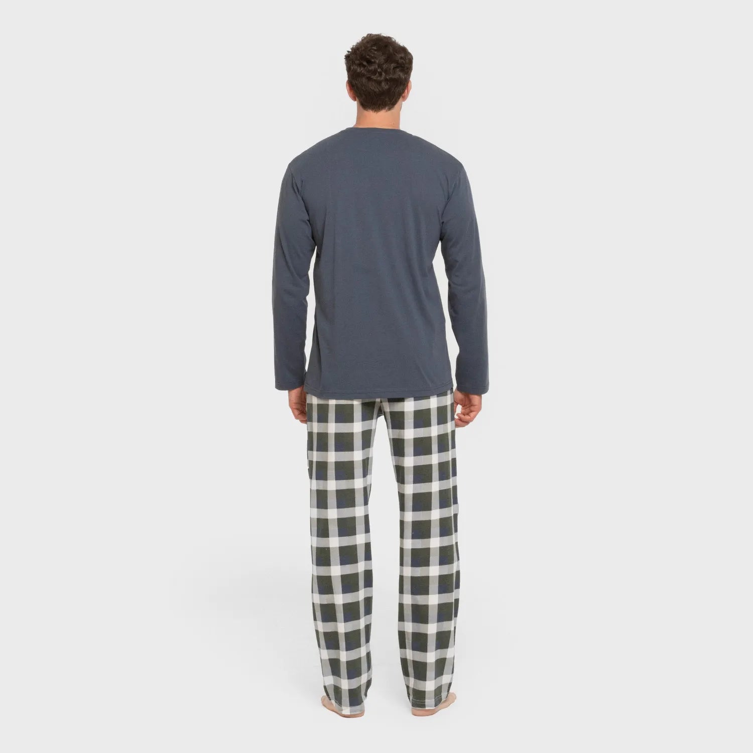 Pijama masculino comprido de algodão, xadrez Ferni, azul marinho