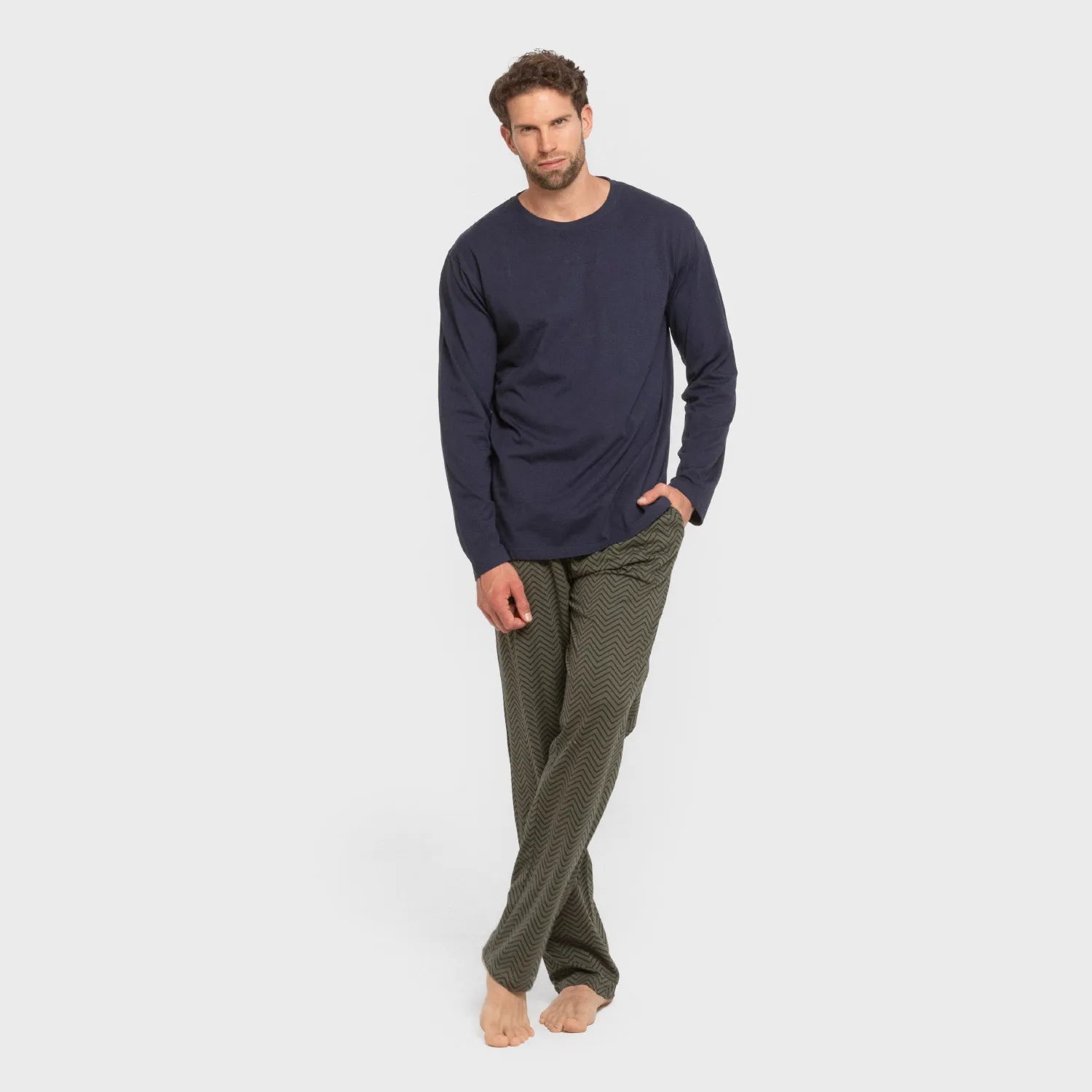 Pijama comprido masculino Miquelle em algodão, verde-caça