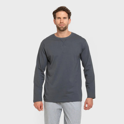 Pijama comprido masculino de algodão, xadrez azul Edmund