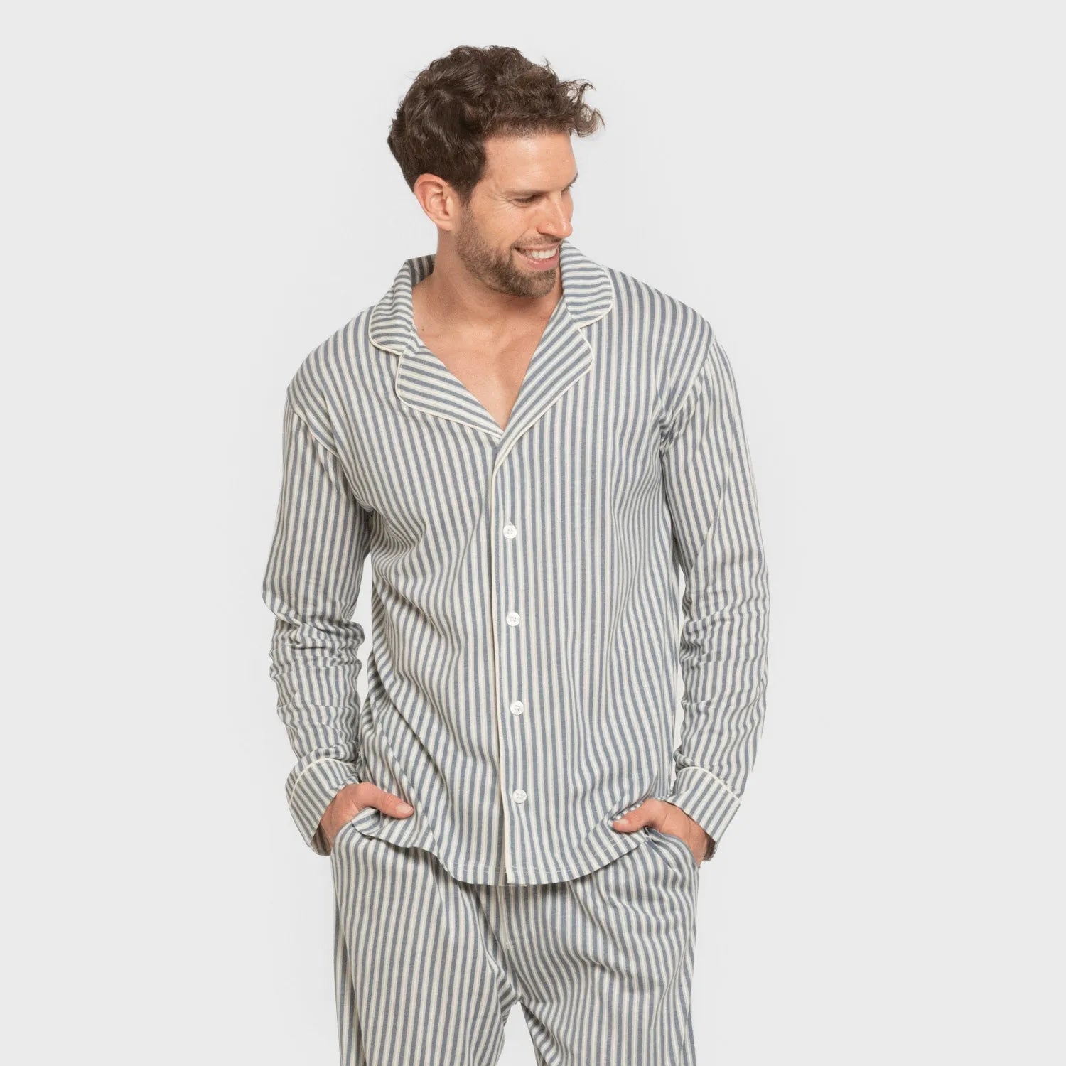Pijama largo camisero algodón hombre Raya Ceballos indigo