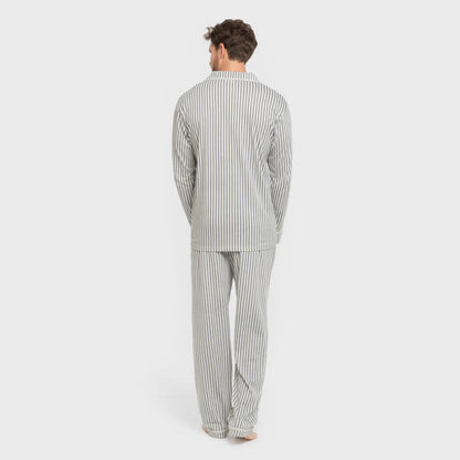 Pijama masculino longo estilo camisa de algodão, Ceballos com listras índigo.