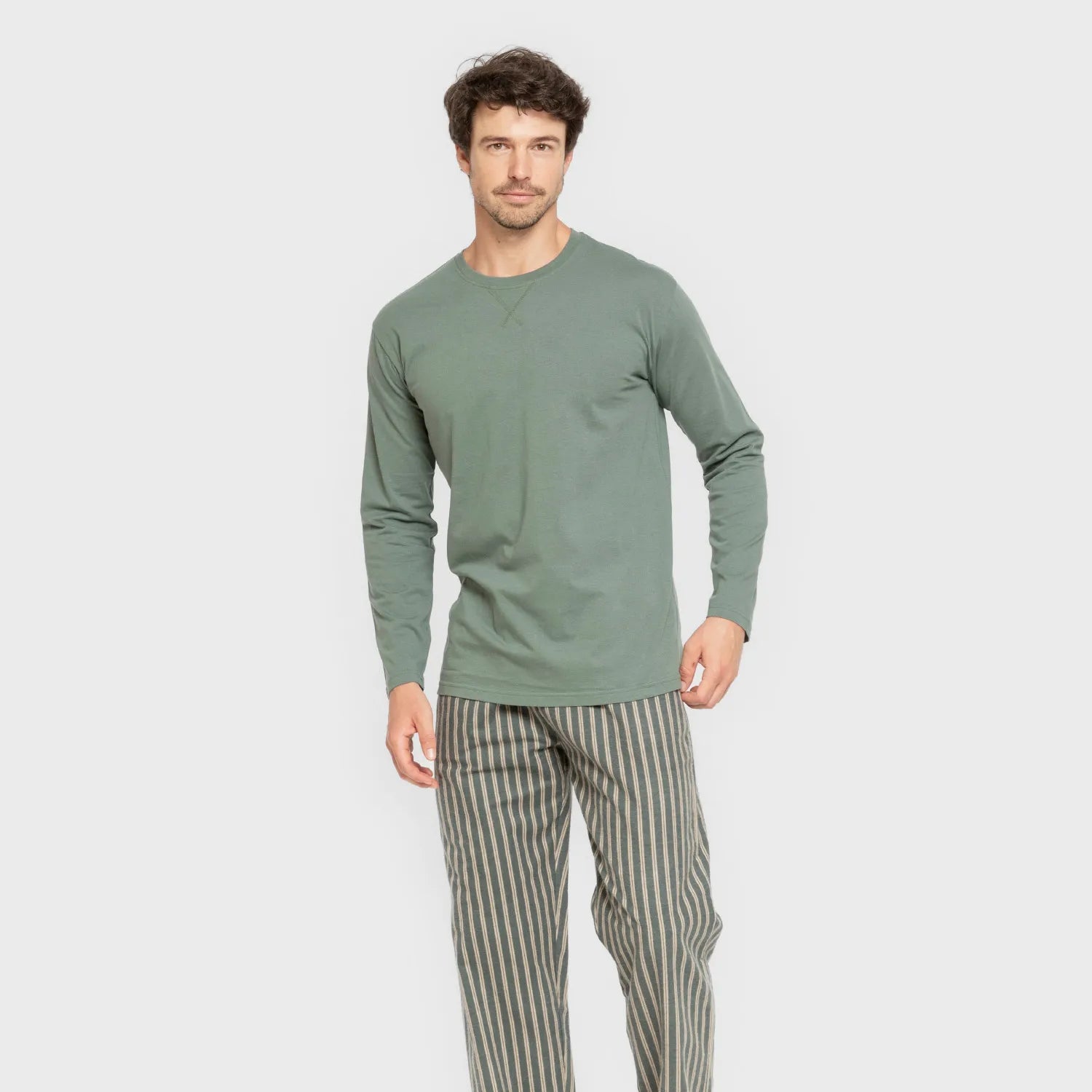 Pijama hombre franela Raya Marsellita verde - arena