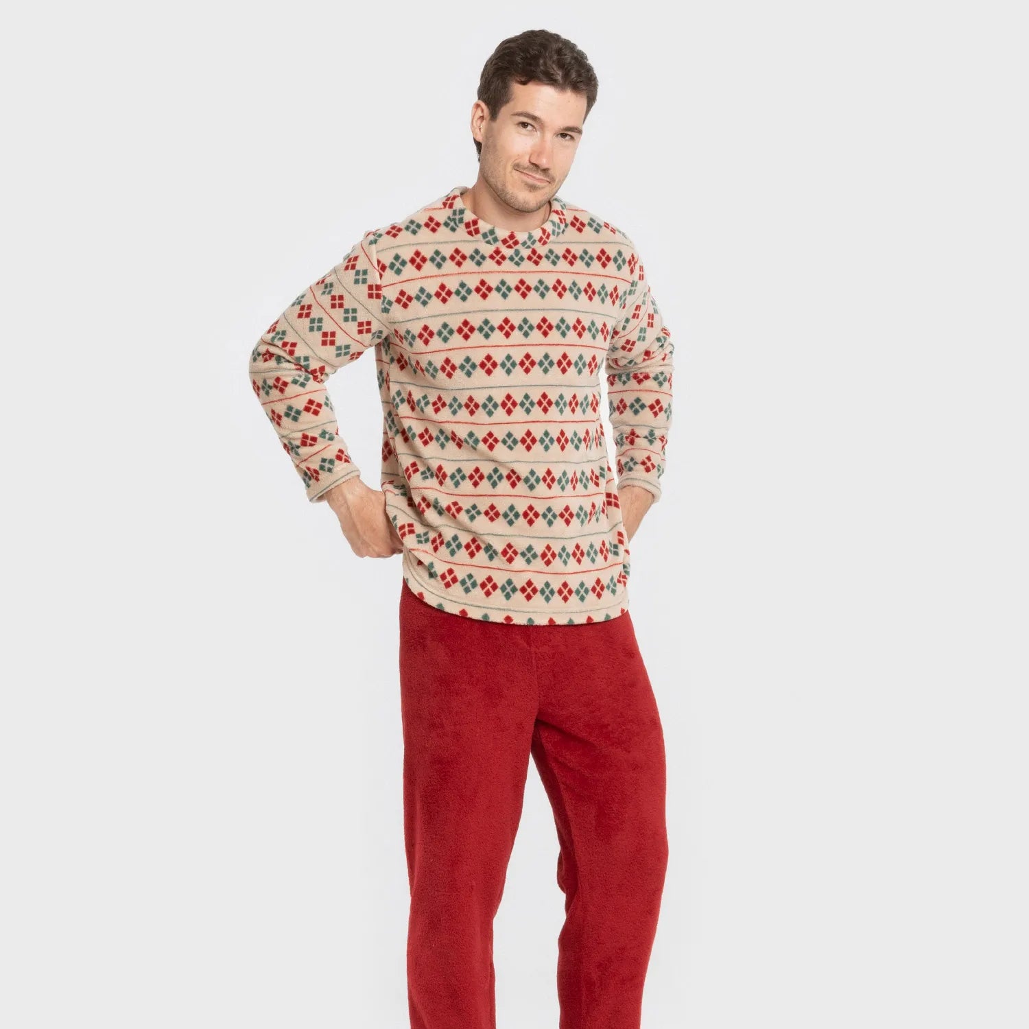 Pijama masculino Casimira em fleece coral na cor bordô.
