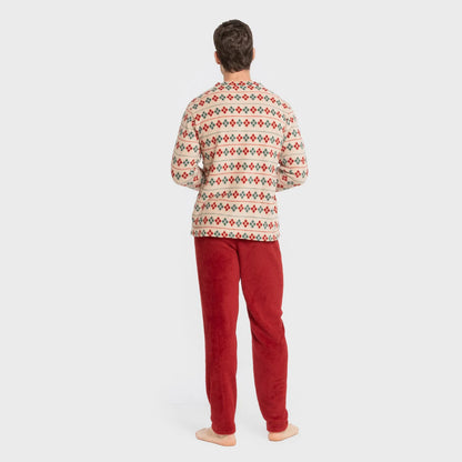 Pijama masculino Casimira em fleece coral na cor bordô.