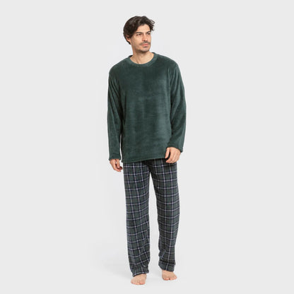 Pijama masculino de lã coral, xadrez verde Ruz