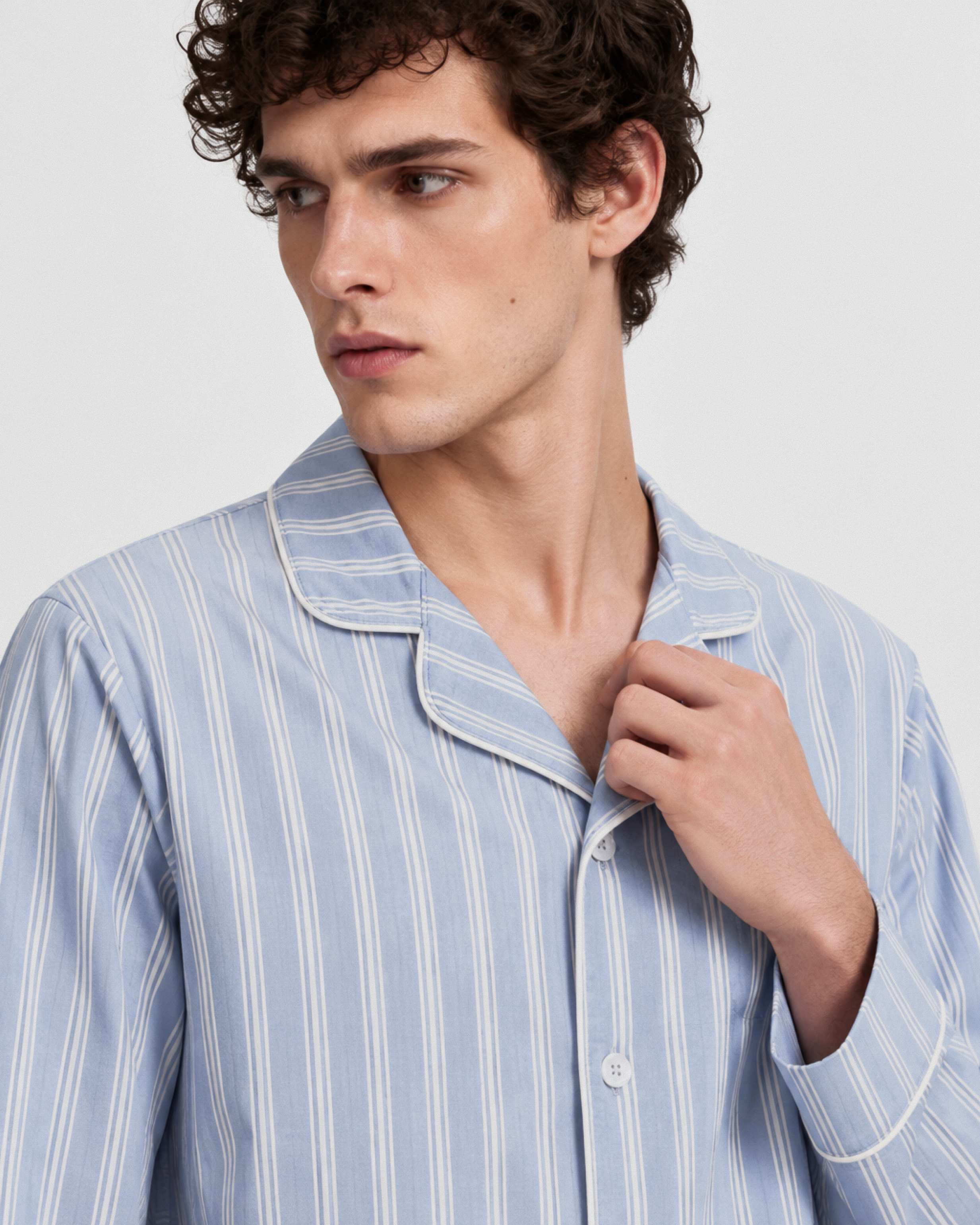 Pijama largo camisero algodón raya marsella celeste