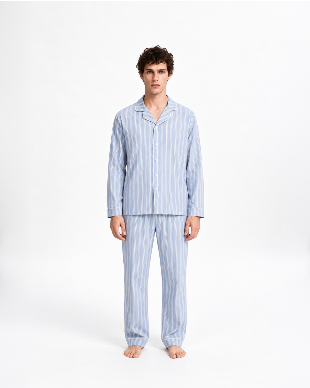 Pijama largo camisero algodón raya marsella celeste